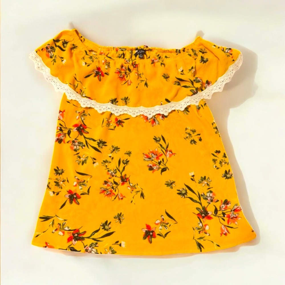 Luvable Friends Yellow Floral Blouse with Ruffled Neckline